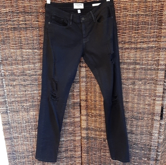 Frame Denim Le Garcon Rip Noir Black Ripped Distressed Mid Rise Jeans Size 26 - Picture 1 of 9